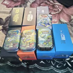 3 Pokemon TCG Tin & 7 ETB box (empty) Lot w/ accessories (sleeves, dices, etc) - Image 1