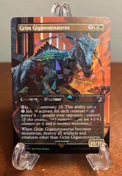 MTG Grim Giganotosaurus Borderless Emblem Foil Universes Beyond Jurassic World - Image 1