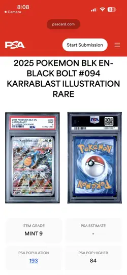 KARRABLAST 094/086 Sv: Black Bolt Pokemon TCG - Illustration Rare IR PSA 9 Card - Image 5