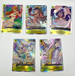 One Piece Lot (5 SR Cards) Yellow English NM | Luffy, Nami, Jewelry, Perospero - Image 1