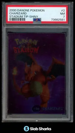 2000 DANONE POKEMON #2 CHARIZARD STADIUM TIP SHINY PSA 7 - Image 1