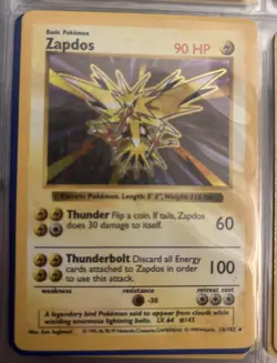 Pokemon TCG Zapdos Holo Rare Card Base Set, Shadowless, 16/102 - Image 1