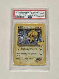 2021 Pokemon Celebrations Rocket’s Zapdos Holo Gym Challenge #15 Mint PSA 9 Card - Image 1