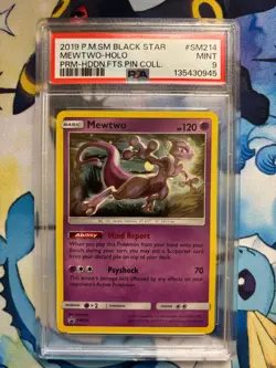 2019 POKEMON SM BLACK STAR PROMO HIDDEN FATES PIN COLL #SM214 MEWTWO-HOLO PSA 9 - Image 1