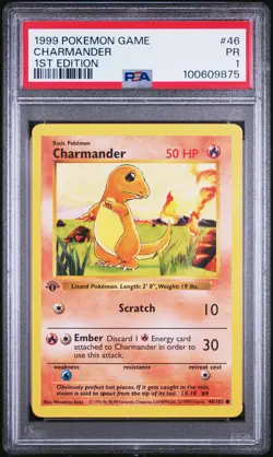 1999 POKEMON BASE SET 1ST EDITION #46 CHARMANDER PSA 1 - Image 1