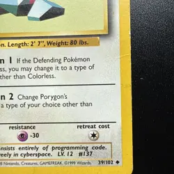 FREE SHIPPING HP Vintage Uncommon Base Porygon Pokemon Card #137, 39/102, Lv. 12 - Image 3