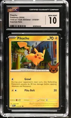 2024 Pokemon Pikachu Trick or Trader BOOster Cosmos Holo 018/091 CGC 10 (JJ) - Image 1