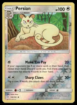 Pokemon Cards Persian 126/181 Reverse Holo Team Up Sun & Moon NM - Image 1