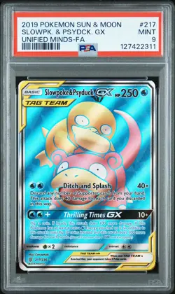 2019 POKEMON SUN & MOON UNIFIED MINDS #217 FULL ART/SLOWPOKE & PSYDUCK GX PSA 9 - Image 1