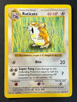 Raticate 40/102 Shadowless Rare Base Set - Pokemon Card WOTC B Near Mint - Image 1