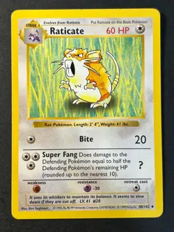 Raticate 40/102 Shadowless Rare Base Set - Pokemon Card WOTC Near Mint - Image 1