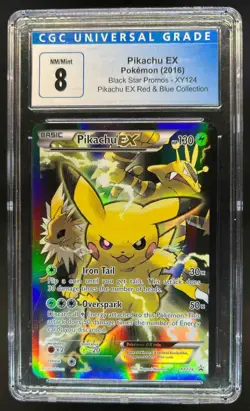 2016 Pokemon XY Black Star Promo Pikachu EX Red & Blue Collection #XY124 CGC 8 - Image 1