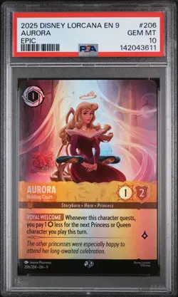 2025 DISNEY LORCANA TCG FABLED AURORA HOLDING COURT EPIC CARD 206/204 EN9 PSA 10 - Image 1