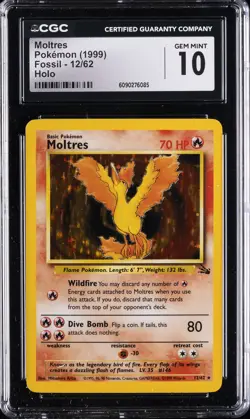 1999 POKEMON FOSSIL HOLO #12/62 MOLTRES CGC 10 GEM MINT - Image 1