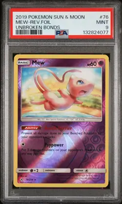 2019 POKEMON SUN & MOON UNBROKEN BONDS #76 MEW-REVERSE FOIL PSA 9 - Image 1