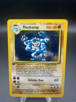 Pokemon MACHAMP 1st First Edition Base Set 8/102 Rare Holo Card Holo MP SWIRL - Image 1