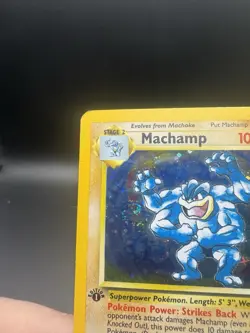 Pokemon MACHAMP 1st First Edition Base Set 8/102 Rare Holo Card Holo MP SWIRL - Image 3
