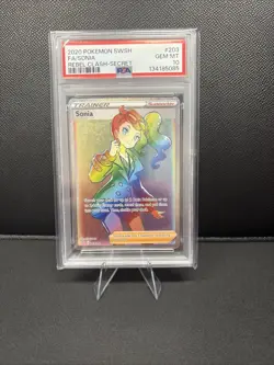 2020 Pokemon Sword and Shield Rebel Clash Sonia Secret Rare Card #203 PSA 10 - Image 1