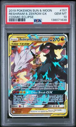 2019 POKEMON SUN & MOON COSMIC ECLIPSE RESHIRAM & ZEKROM GX 157 PSA 10 - Image 1