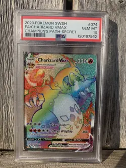 2020 Pokemon SWSH Champions Path 074/073 Charizard Vmax Rainbow Full Art PSA 10 - Image 1
