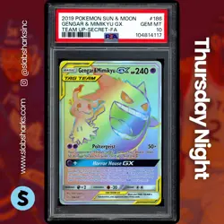 2019 POKEMON SUN & MOON TEAM UP #186/181 GENGAR & MIMIKYU GX SECRET RARE PSA 10 - Image 1
