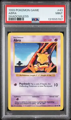 Pokemon Card Abra 43/102 Shadowless Base Set 1999 PSA 9 MINT - Image 1