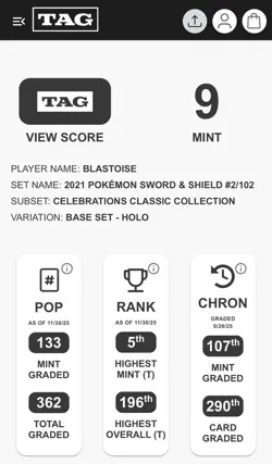 TAG 9 Mint Blastoise 2021 Celebrations: Classic Collection 2/102 Pokemon TCG - Image 3