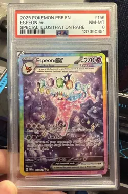Pokemon Prismatic Evolutions Espeon EX Sir 155/131 PSA 8 - Image 1