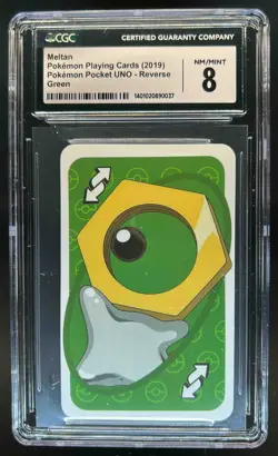 2019 Pokemon Playing Cards Meltan Pocket UNO Reverse Green CGC 8 - Image 1