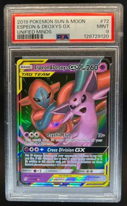 2019 Pokemon Sun & Moon Unified Minds Espeon Deoxys Tag Team Holo #72/236 PSA 9 - Image 1
