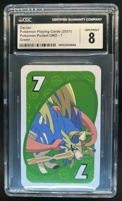 2021 Pokemon Playing Cards Zacian Pocket UNO 7 Green CGC 8 - Image 1