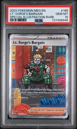2025 Pokemon Mega Evolution Base #185 SIR Lt. Surge's Bargain PSA 10 Gem Mint - Image 1
