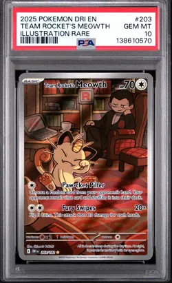 2025 POKEMON DRI EN DESTINED RIVALS #203 TEAM ROCKET'S MEOWTH PSA 10 GEM MINT - Image 1