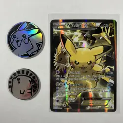 Pokemon Pikachu EX XY124 Promo XY Holo Basic Card 2016 + Pikachu Tokens - Image 1