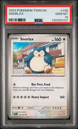 2024 POKEMON TWM EN-TWILIGHT MASQUERADE #136 SNORLAX PSA 10 - Image 1