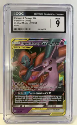 Pokemon TCG Unified Minds Espeon & Deoxys Tag Team GX Holo Card 72/236 CGC 9 - Image 3