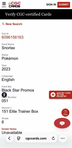 Snorlax Promo 051 - English Pokemon 151 Elite Trainer Box - CGC 8 - Image 3