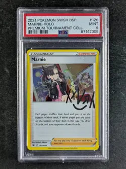 2021 Pokemon MARNIE SWSH120 Black Star Promo Premium Tournament Coll. ENG PSA 9 - Image 1