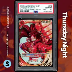 2023 ONE PIECE OP05 #ST01-012 MONKEY D. LUFFY 1ST ANNIVERSARY SIGNATURE PSA 10 - Image 1