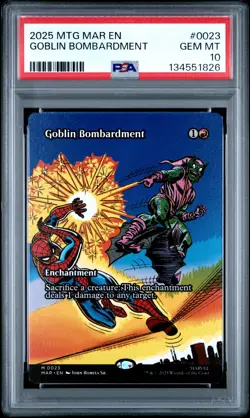 2025 MTG MARVEL'S SPIDER-MAN: SOURCE MATERIAL #0023 GOBLIN BOMBARDMENT PSA 10 - Image 1