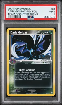 2004 POKEMON EX TEAM ROCKET RETURNS #34 DARK GOLBAT-REVERSE FOIL PSA 9 - Image 1