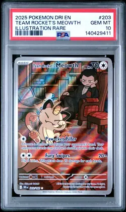 2025 Pokemon Destined Rivals Team Rocket's Meowth Illustration Rare #203 PSA 10 - Image 1
