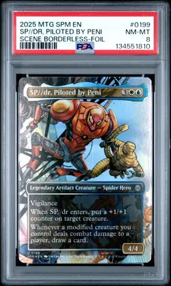 2025 MTG MARVEL'S SPIDER-MAN SCENE BORDERLESS-FOIL SP//DR, PILOTED BY PENI PSA 8 - Image 1
