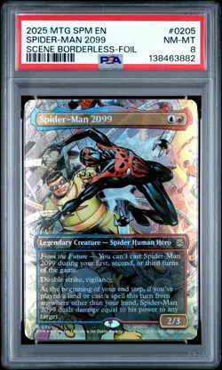 2025 MTG MARVEL'S SPIDER-MAN SCENE BORDERLESS-FOIL #0205 SPIDER-MAN 2099 PSA 8 - Image 1