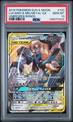 2019 POKEMON SUN & MOON UNBROKEN BONDS #120 LUCARIO & MELMETAL GX PSA 10 - Image 1
