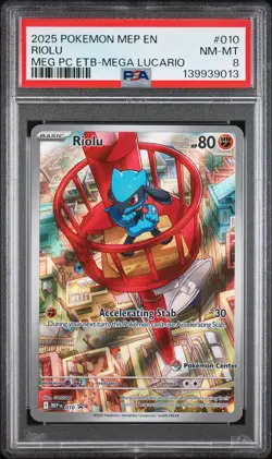 2025 POKEMON MEGA EVOLUTION POKEMON CENTER ETB PROMO #010 RIOLU PSA 8 - Image 1