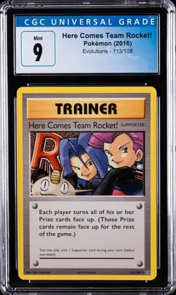 2016 POKEMON XY EVOLUTIONS SECRET RARE #113 HERE COMES TEAM ROCKET! CGC 9 - Image 1