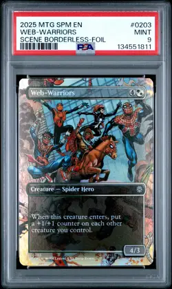 2025 MTG MARVEL'S SPIDER-MAN SCENE BORDERLESS-FOIL #0203 WEB-WARRIORS PSA 9 - Image 1