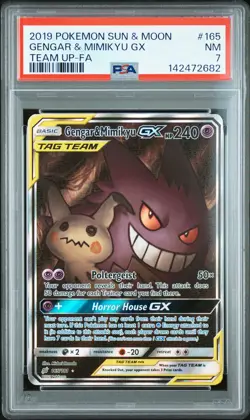 2019 POKEMON SUN & MOON TEAM UP #165 FULL ART/GENGAR & MIMIKYU GX PSA 7 - Image 1
