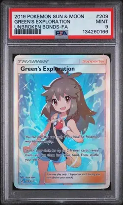 2019 POKEMON SUN & MOON #209 GREEN'S EXPLORATION UNBROKEN BONDS-FA - PSA 9 MINT - Image 1